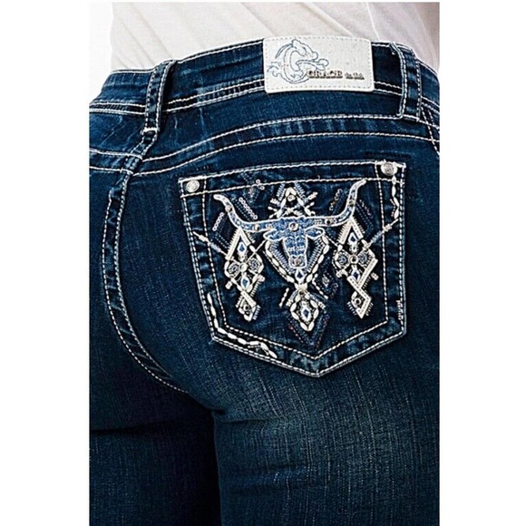 Grace in LA Denim - Grace in LA Women's Western Aztec Steer Cow Head Embroidered Bootcut Jeans